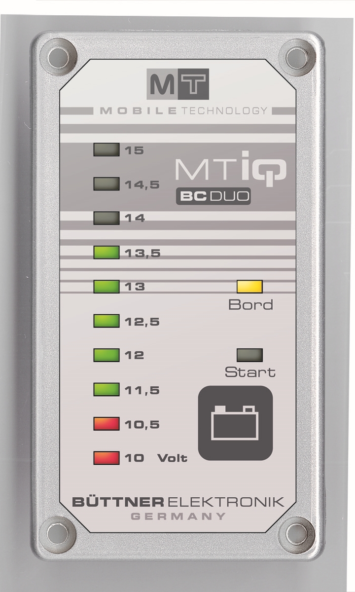 Bütter MT iQ Duo-Batterie-Check Zeigt über Leuchtdioden umschaltbar die Start-/Bordspannung an.
