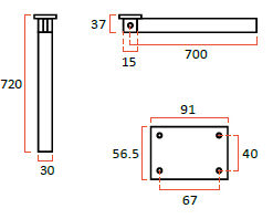 Klappstützfuß COMET 1 eloxiertem Aluminium. Abmessungen 720 x 37 x 30 mm. Größe Standfuß 50 x 32 mm.
