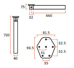 Gelenkstützfuß ASTRO 3 eloxiertem Aluminium. Abmessungen 720 x 40 x 32 mm. Größe Standfuß 49 x 41 mm.