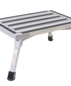 Aluminium-Trittstufe. Sehr stabile Trittstufe mit einklappbaren Standbeinen. Robuste Konstruktion aus pulverlackiertem Aluminium. Mit großflächiger