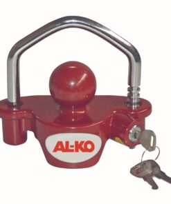 Diebstahlsicherung passend für Kugelkupplungen (gebremst und ungebremst) von AL-KO und anderen Herstellern. Besteht aus nur zwei Teilen. Die rote Metallkugel der Diebstahlsicherung wird in die Anhängerkupplung eingeführt und von oben mit einem massi