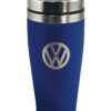 VW Collection Thermobecher blau Kunststoffdeckel mit verschließbarer Trinköffnung und Anti-Rutsch-Boden.