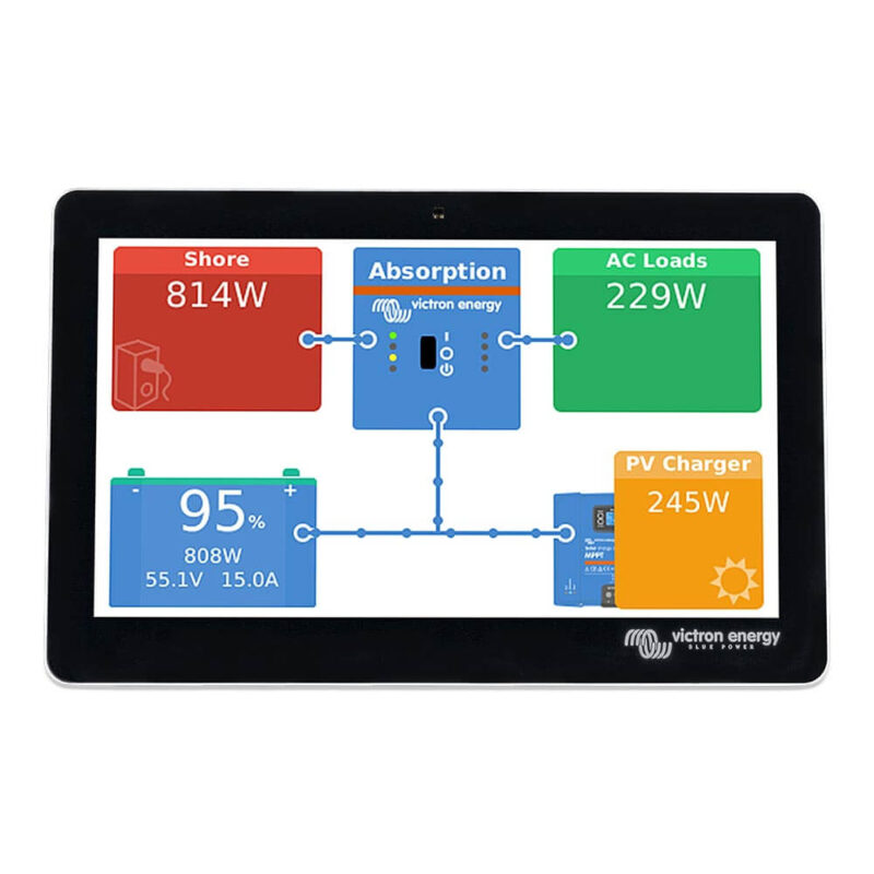 Lorbas bekommt neue Elektrik – Ein Erfahrungsbericht vom Umbau an Bord Victron GX Touch 70 Anzeigepanel 7 Zoll für die perfekte Visualisierung und Konfiguration von Victron Energiesystemen konstruiert für Wohnmobil, Boot, Yacht, Caravan, Industrie Der GX Touch 70 ist ein 7 Zoll Touch-Bildschirm für die Victron Cerbo GX. Der siebenzöllige Touchscreen-Bildschirm bietet einen sofortigen Überblick über Ihr Victron-System und ermöglicht die Anpassung von Einstellungen im Handumdrehen. Er werden einfach mit einem Kabel an den Cerbo GX angeschlossen. Sein superschlankes, wasserdichtes Design, der Aufbau von oben und die einfache Installation bringen viel Flexibilität beim Aufbau eines klaren und sauberen Armaturenbretts / Schaltzentrale. Einfache Montage Der GX Touch ist für die Anforderungen von Installationsprofis bestens ausgelegt. Der Bildschirm wird einfach auf das Armaturenbrett / Schaltzentrale geschraubt, es müssen also keine perfekten Ausschnitte erstellt werden. Lediglich eine Bohrung für die Durchführung des Kabels muss bei Wandmontage erstellt werden. Er wird über ein einziges Kabel angeschlossen, so dass nicht mehr viele Kabel zum Armaturenbrett / Schaltzentrale geführt werden müssen. Ergänzung Der GX Touch ist eine Ergänzung zum Cerbo GX, das neue Kommunikationszentrum, mit dem Sie Ihr System von jedem Ort aus stets perfekt kontrollieren und seine Leistung maximieren können. Die Cerbo GX bietet mehrere Möglichkeiten der Kommunikation. Greifen Sie einfach über das Victron Remote Management VRM-Portal auf Ihr System zu. Oder greifen Sie direkt auf Ihr System zu, indem Sie den GX Touch 50 /70, ein Multifunktionsdisplay (MFD) oder die Victron Connect App - dank der Bluetooth-Fähigkeit der Cerbo GX - verwenden. Diese neueste Ergänzung der GX-Reihe kombiniert alle Vorteile der Konnektivität und definiert intelligente Stromversorgungslösungen in jeder Hinsicht neu Lieferumfang Victron GX Touch 70, Victron BPP900455070 inkl. fest verkabeltem HDMI und USB Kabel, Länge 2m Montagematerial, Ferritkerne