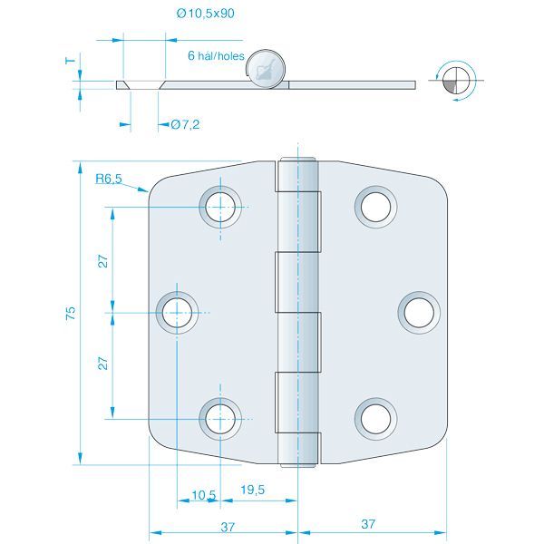 Roca Scharnier rostfreier Stahl 37+37x75x2mm Roca Scharnier rostfreier Stahl 37+37x75x2mm