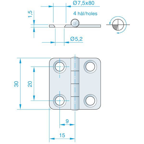 Roca Scharnier rostfreier Stahl 15+15x30mm Roca Scharnier rostfreier Stahl 15+15x30mm