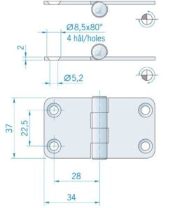 Roca Scharnier rostfreier Stahl 34x37mm