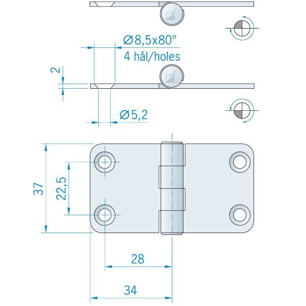 Roca Scharnier rostfreier Stahl 34x37mm Roca Scharnier rostfreier Stahl 34x37mm