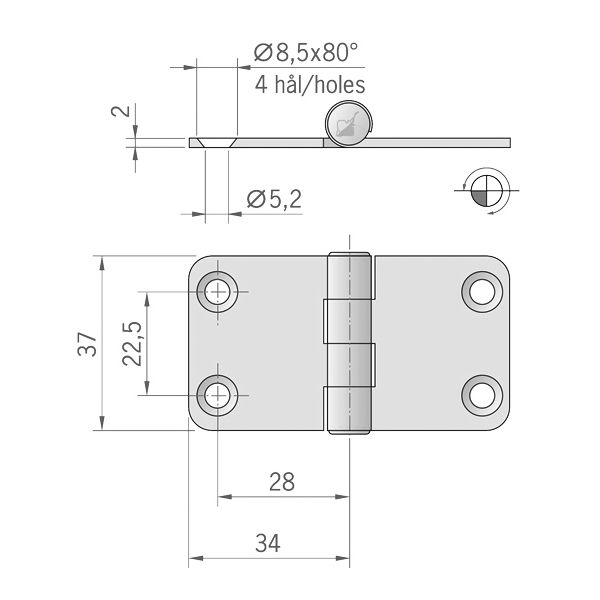 Roca Scharnier rostfreier Stahl 34x37mm Roca Scharnier rostfreier Stahl 34x37mm – Bild 2