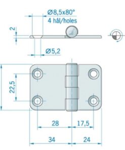 Roca Scharnier rostfreier Stahl 34+24x37mm mit gesenkten Bohrlöchern