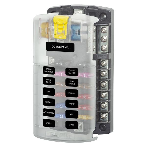 Blue Sea Sicherungshalter für 12 Flachstiftsicherungen max 30A, total max 100A mit 6 Anschlüssel für 0V