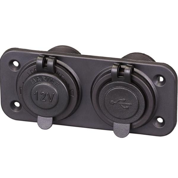 1852 USB Steckdose wasserdicht IP65 Eingang 12V Ausgang 5V 2,1A und 5V 1A und Zigarettenanzünderstecker