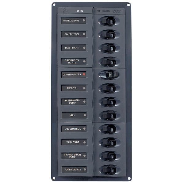BEP Schalttafel mit 12 Schaltern und Automatiksicherungen H=285mm B=127mm T=65mm BEP Schalttafel mit 12 Schaltern und Automatiksicherungen H=285mm B=127mm T=65mm