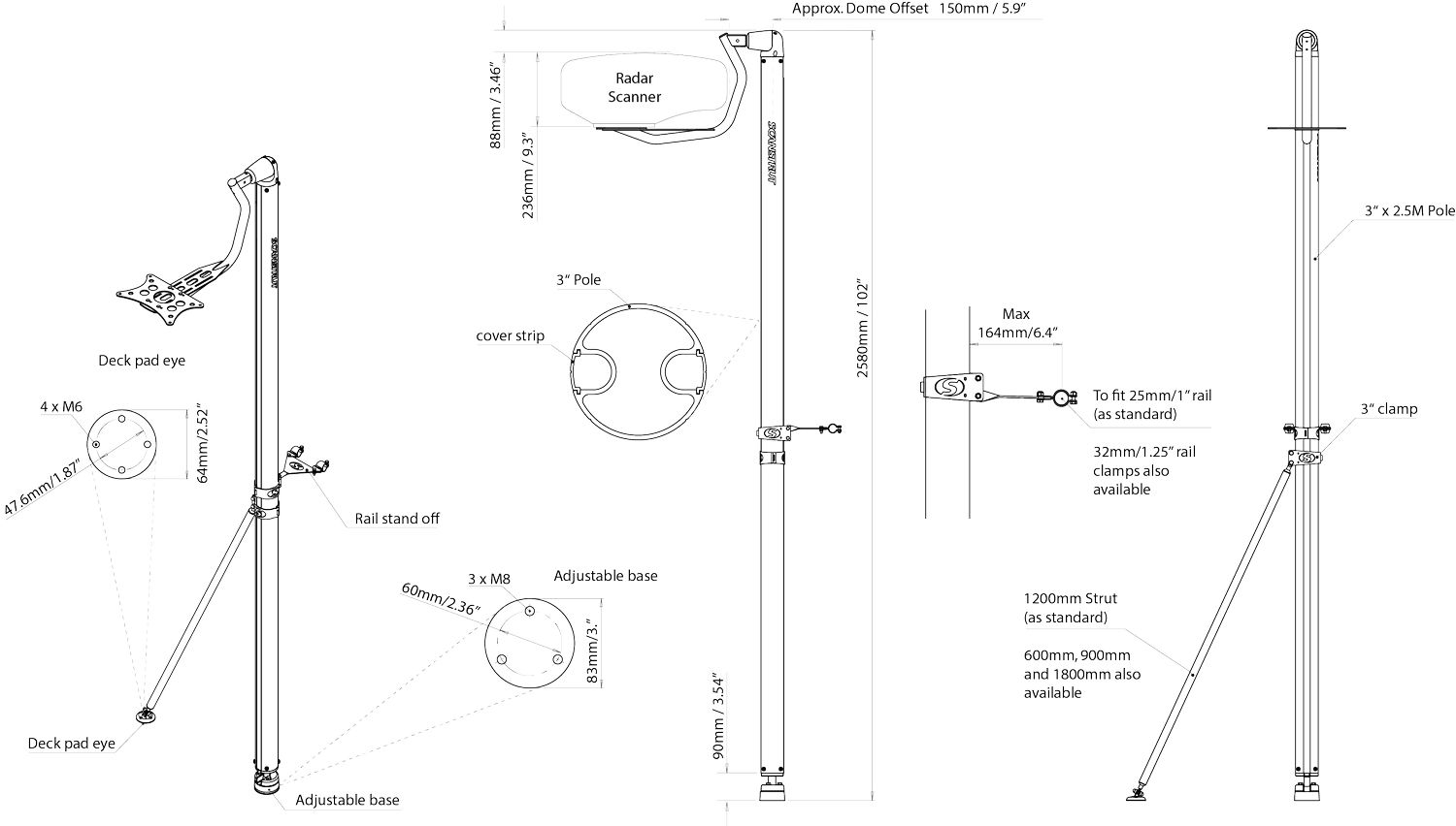 Scanstrut Radarmast LMP-1 L=2.5m mit kardanischer Aufhängung für Radarantenne Scanstrut Radarmast LMP-1 L=2.5m mit kardanischer Aufhängung für Radarantenne