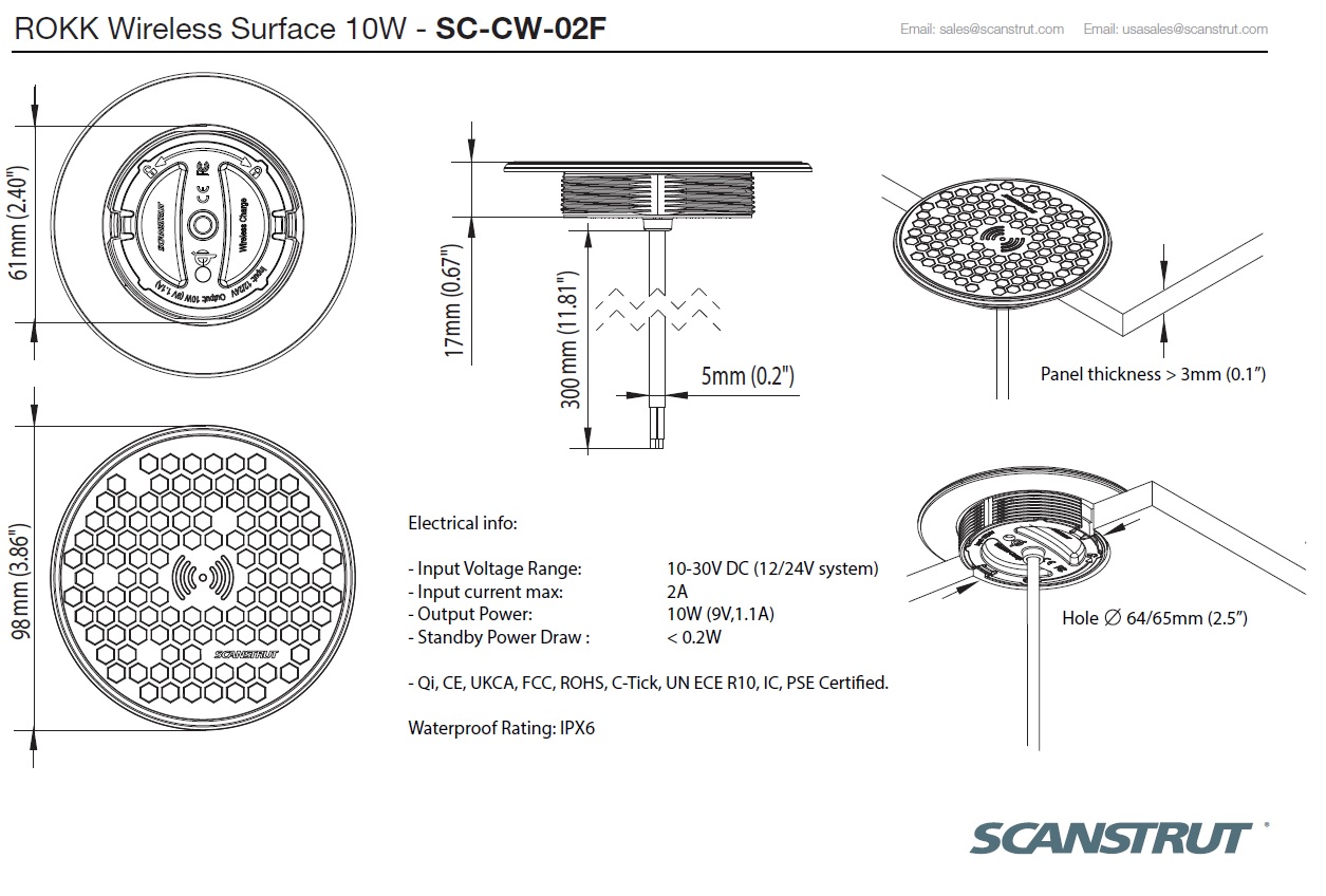 Scanstrut Ladegerät Surface SC-CW-02F Aufbauversion für kabelloses Laden von Smartphones 10-30V Eingang 2A Ausgang 10W wasserdicht nach IPX6 zum Einbau