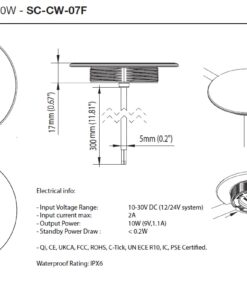Scanstrut Ladegerät Sub SC-CW-07F zum bündigen Einbau für kabelloses Laden von Smartphones 10-30V Eingang 2A 10W Ausgang 10W wasserdicht nach IPX6