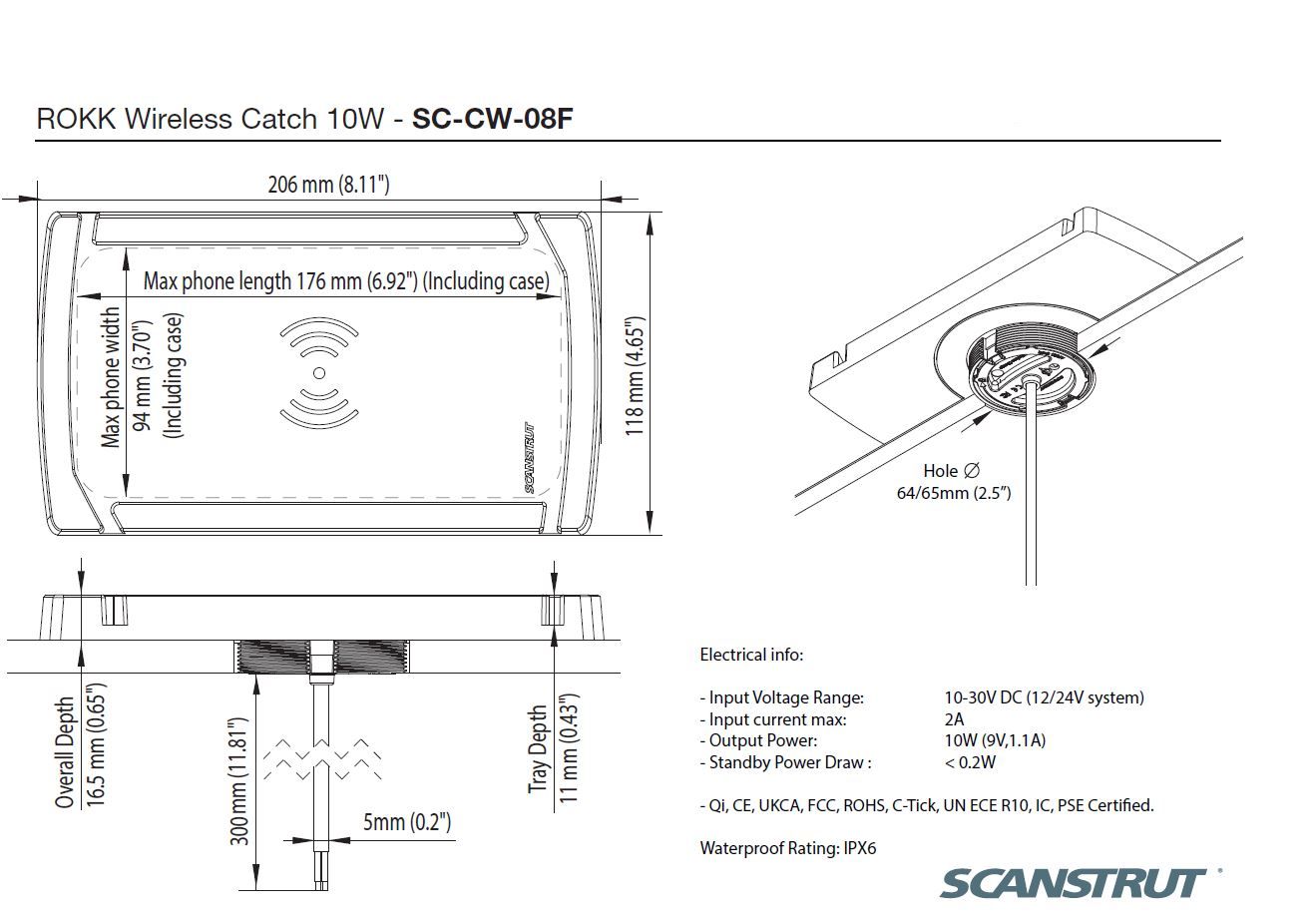 Scanstrut Ladegerät Catch SC-CW-08F Ladeschale für kabelloses Laden von Smartphones 10-30V Eingan 2A Ausgang 10W wasserdicht nach IPX6