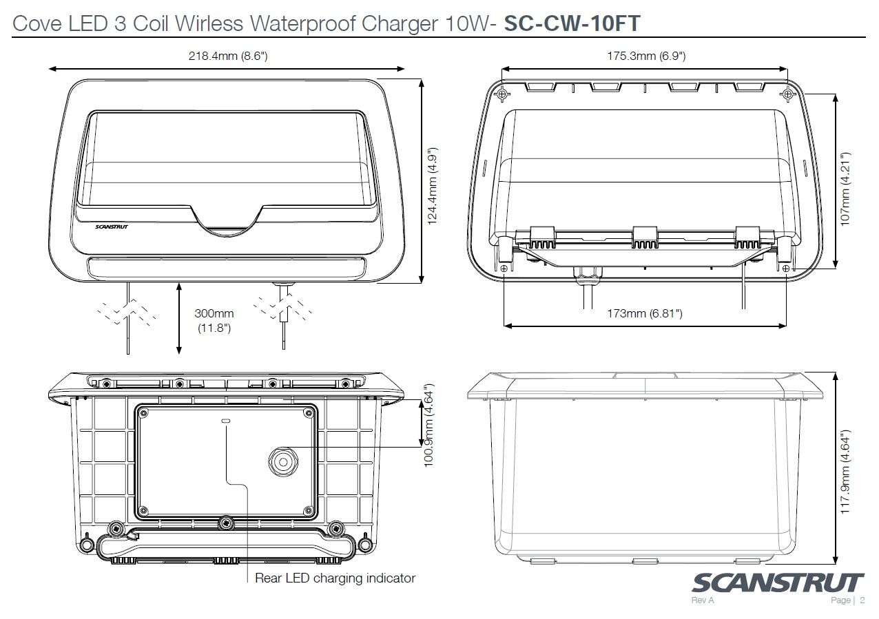 Scanstrut ROKK Ladegerät COVE LED SC-CW-10F Ablagefach quer mit LED-Beleuchtung zum Einlegen für kabelloses Laden von Smartphones 12/24V 10W Ausgang max 2A wasserdicht nach IPX6