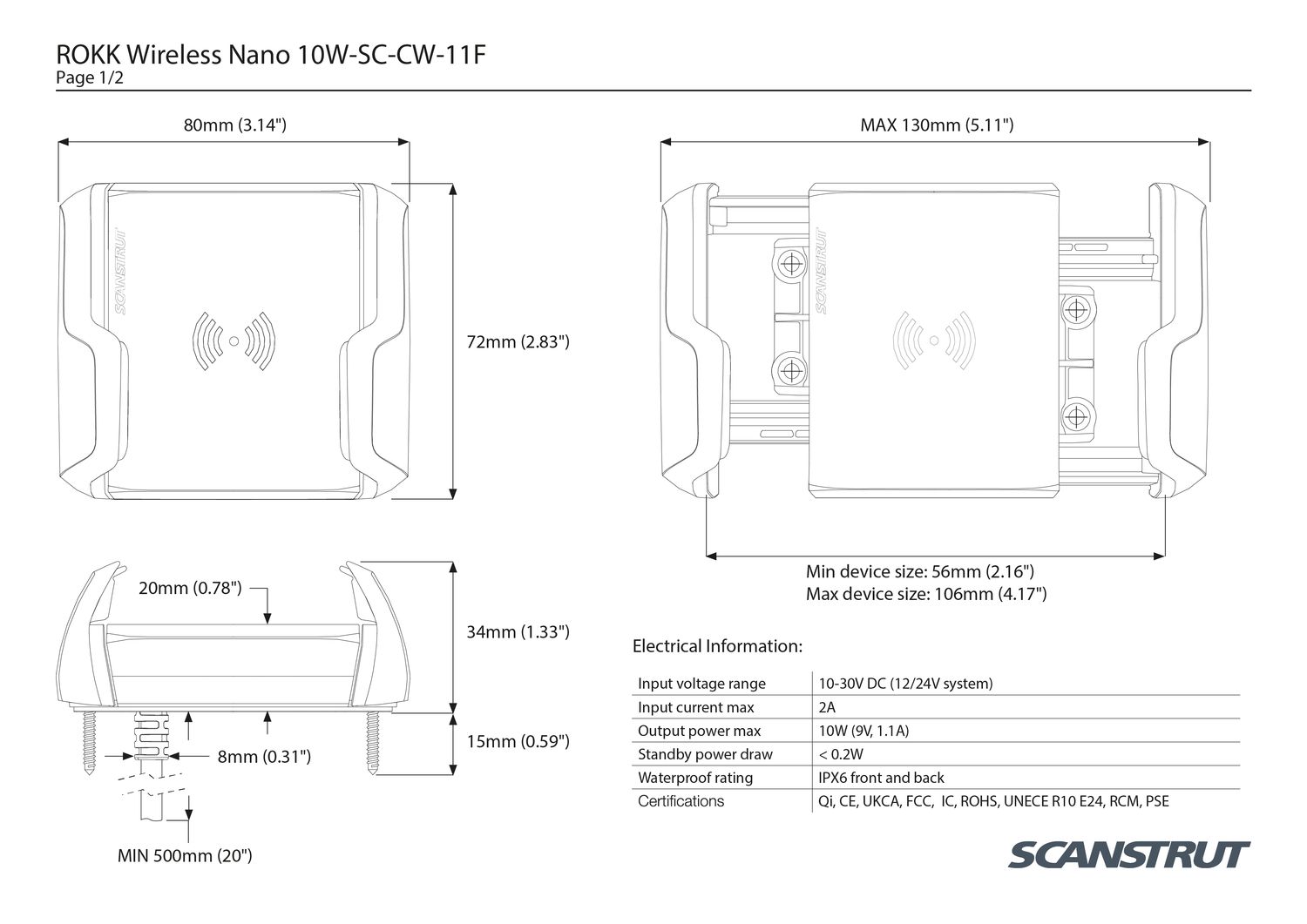 Scanstrut Ladegerät Nano SC-CW-11F zum Anbaufür kabelloses Laden von Smartphones mit Halterung 10-30V Einmgang 2A Ausgang 10W wasserdicht nach IPX6 Scanstrut Ladegerät Nano SC-CW-11F zum Anbaufür kabelloses Laden von Smartphones mit Halterung 10-30V Einmgang 2A Ausgang 10W wasserdicht nach IPX6