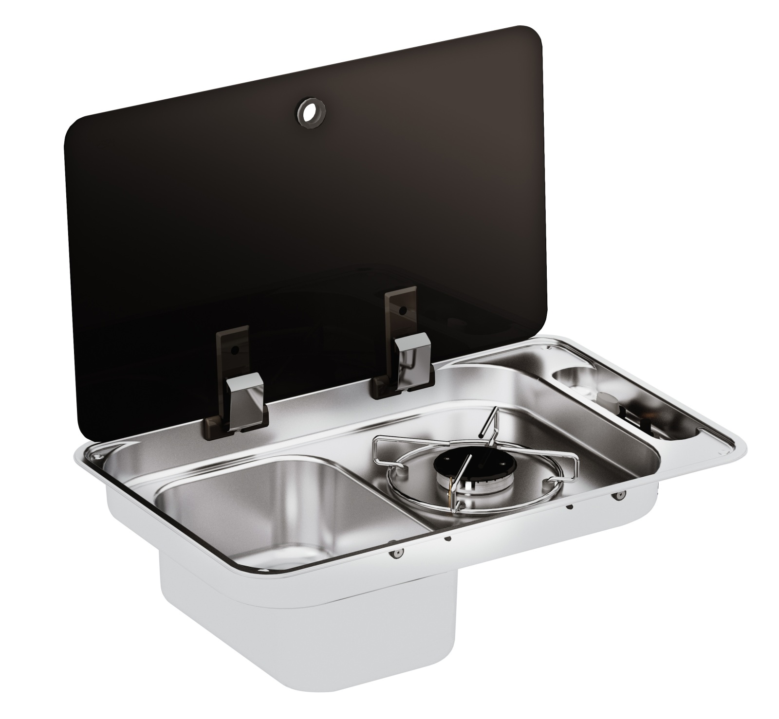 CAN Einbau-Gaskocher FL1324 mit 1 Kochfeld, Spüle links und Glasdeckel CAN Einbau-Gaskocher FL1324 mit 1 Kochfeld, Spüle links und Glasdeckel