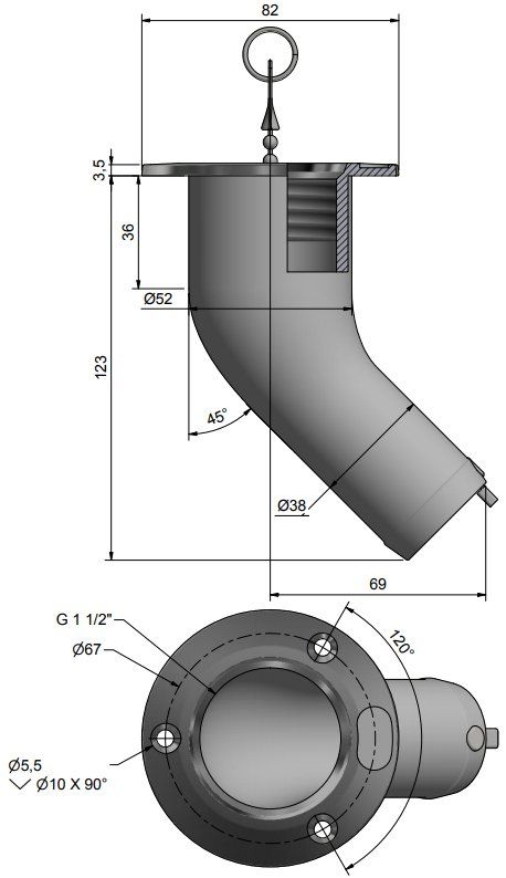 Roca Deckseinfüllstutzen 45 °für Schlauch ID=38mm Roca Deckseinfüllstutzen 45 °für Schlauch ID=38mm – Bild 2