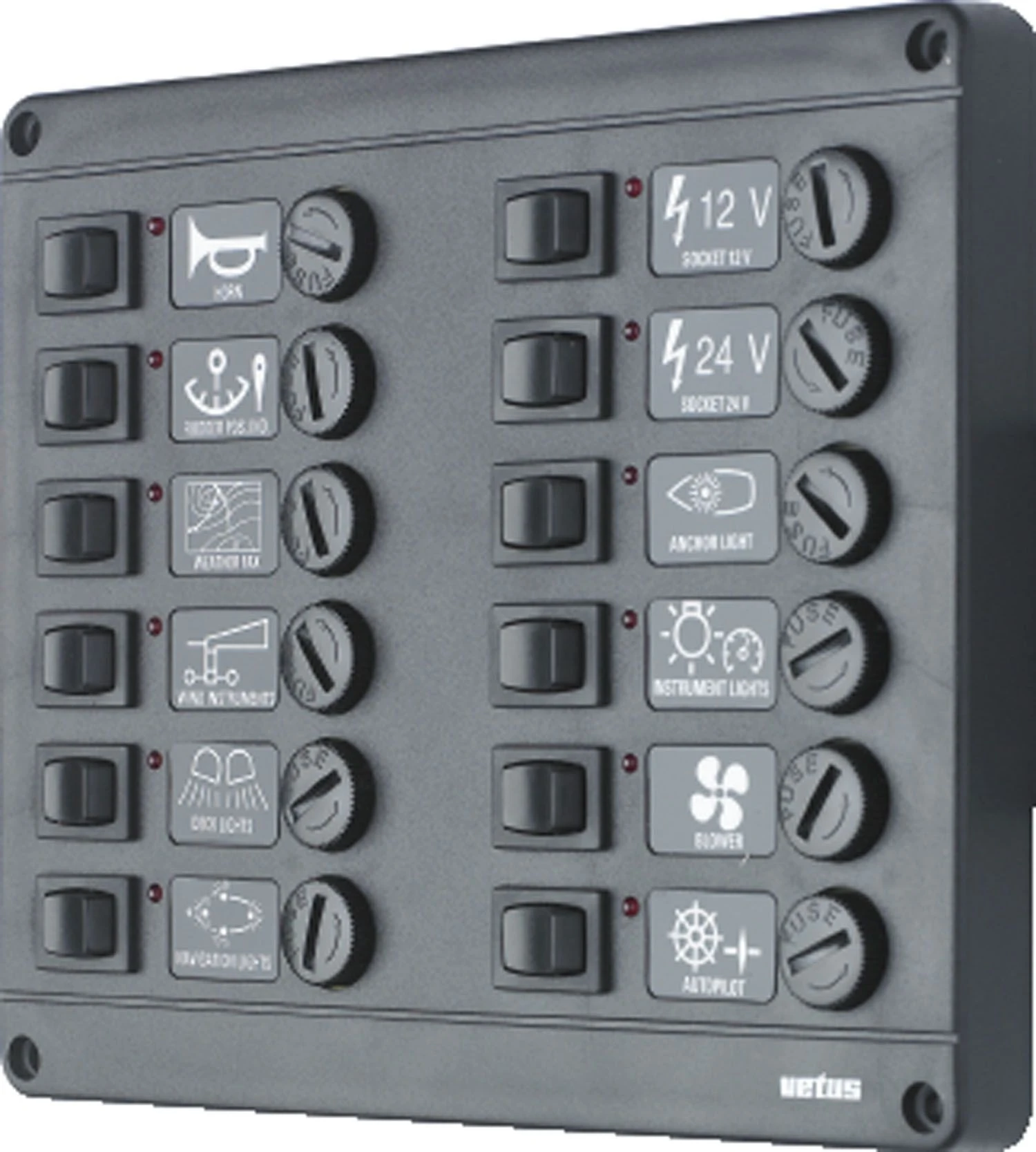 Vetus Schalterpaneel mit 12 Glassicherungen 12 V VETUS switch panel type P12 with 12 fuses, 12V