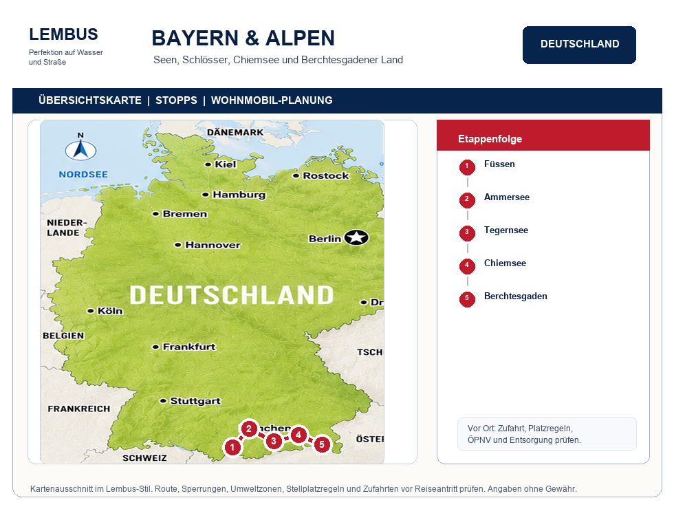 Deutschland mit dem Wohnmobil: Regionen, Routen, Stellplätze und Regeln Übersichtskarte Bayern und Alpen Wohnmobilroute mit Stopps