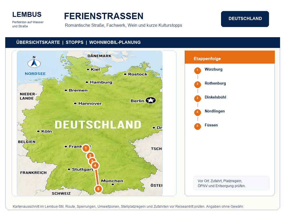 Deutschland mit dem Wohnmobil: Regionen, Routen, Stellplätze und Regeln Übersichtskarte Ferienstraßen Deutschland Wohnmobilroute mit Stopps
