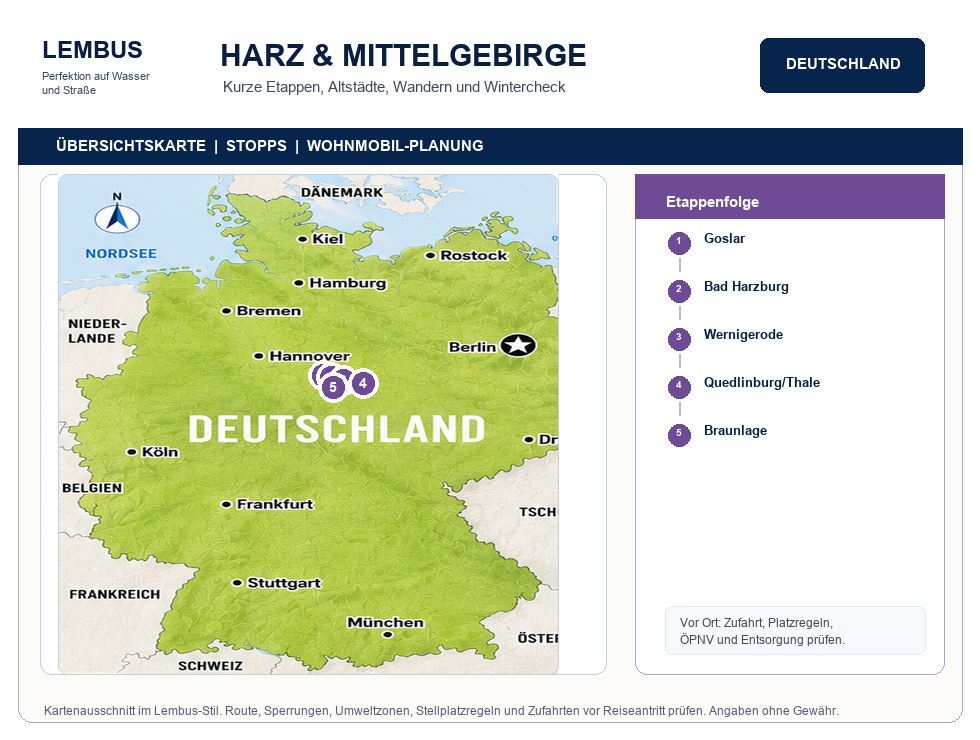Deutschland mit dem Wohnmobil: Regionen, Routen, Stellplätze und Regeln Übersichtskarte Harz Wohnmobilroute mit Stopps