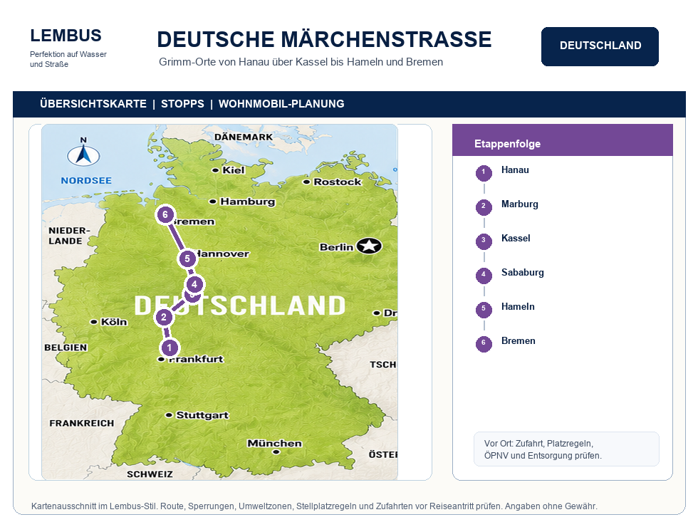 Deutschland mit dem Wohnmobil: Regionen, Routen, Stellplätze und Regeln Übersichtskarte Deutsche Märchenstraße Wohnmobilroute mit Stopps