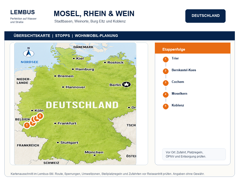 Deutschland mit dem Wohnmobil: Regionen, Routen, Stellplätze und Regeln Übersichtskarte Mosel Rhein und Wein Wohnmobilroute mit Stopps