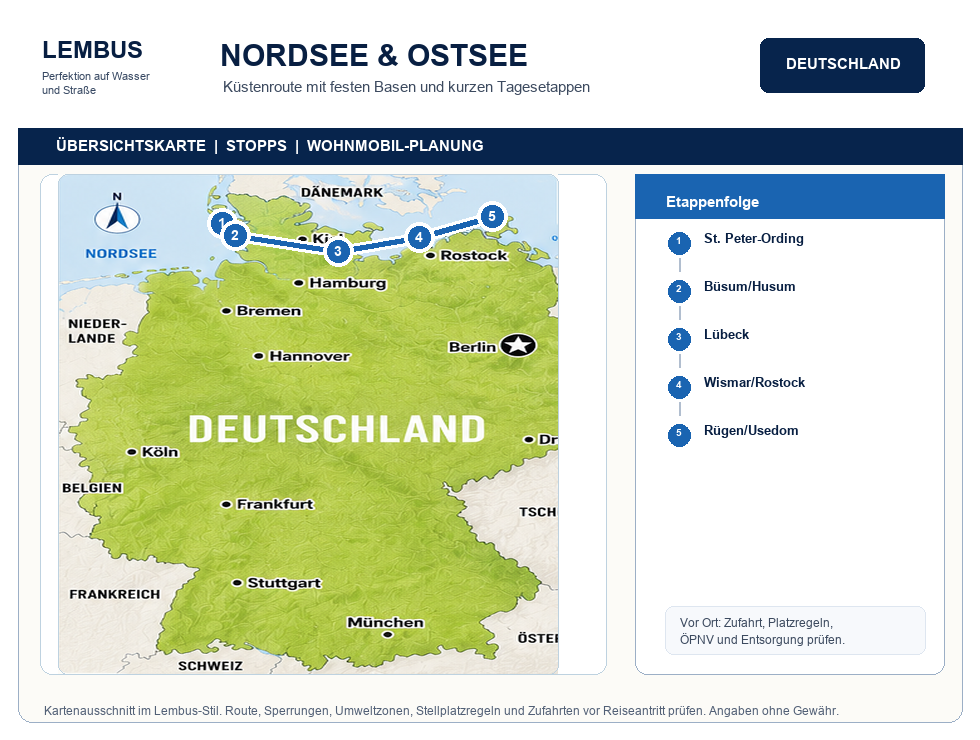 Deutschland mit dem Wohnmobil: Regionen, Routen, Stellplätze und Regeln Übersichtskarte Nordsee und Ostsee Wohnmobilroute mit Stopps