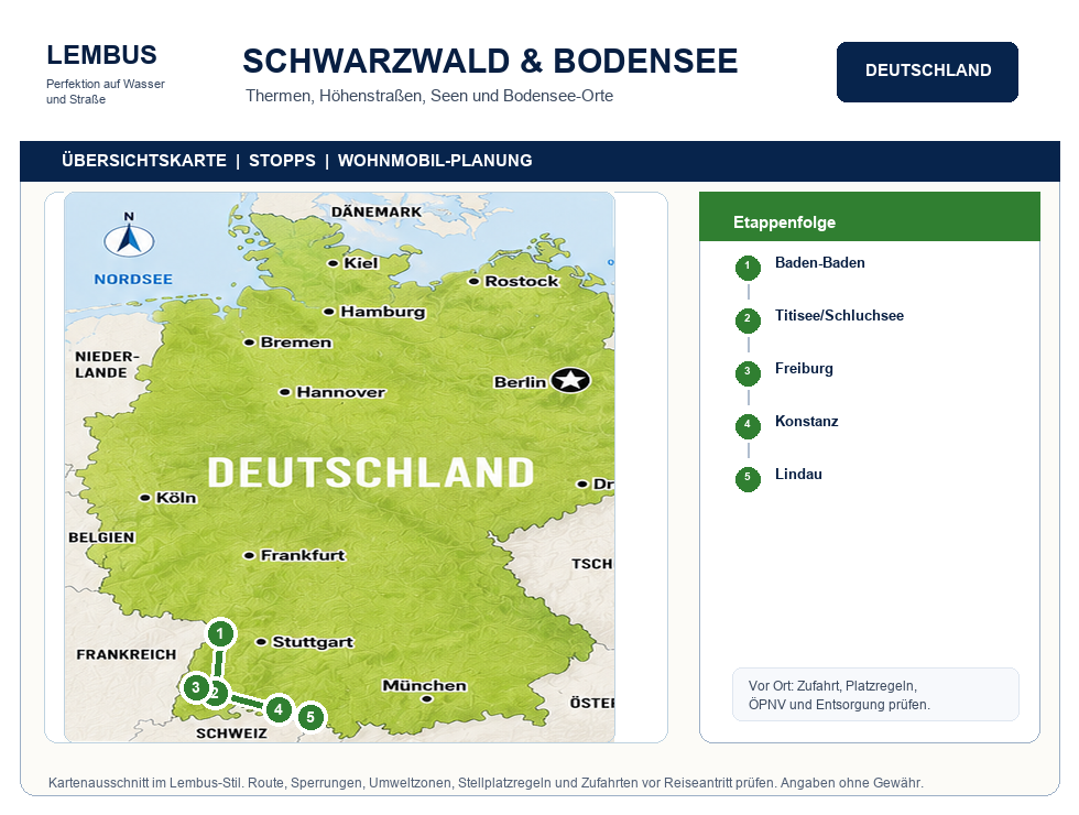Deutschland mit dem Wohnmobil: Regionen, Routen, Stellplätze und Regeln Übersichtskarte Schwarzwald und Bodensee Wohnmobilroute mit Stopps