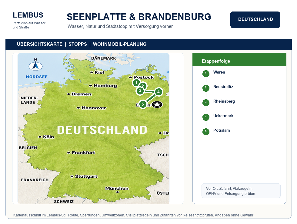Deutschland mit dem Wohnmobil: Regionen, Routen, Stellplätze und Regeln Übersichtskarte Seenplatte und Brandenburg Wohnmobilroute mit Stopps
