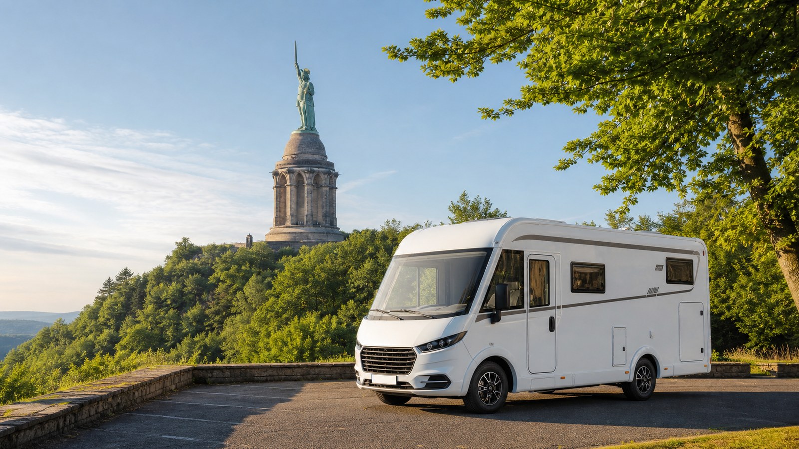 Deutschland mit dem Wohnmobil: Regionen, Routen, Stellplätze und Regeln Wohnmobil vor dem Hermannsdenkmal im Teutoburger Wald