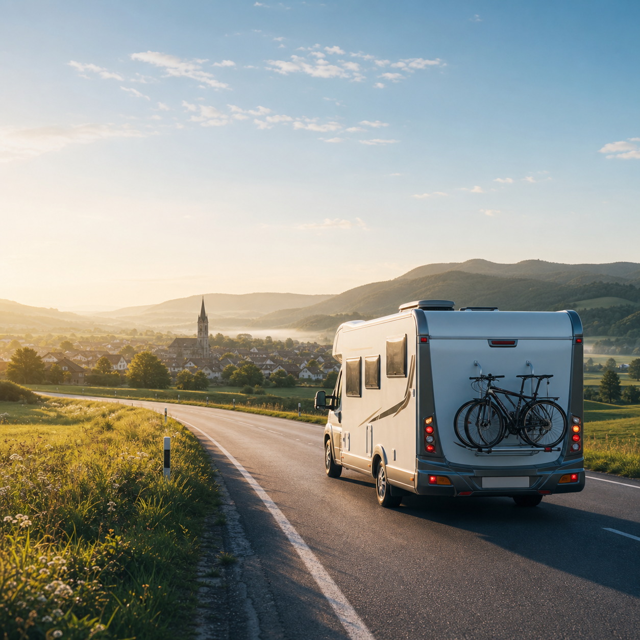 Wohnmobil auf einer ruhigen Landstraße im Morgenlicht