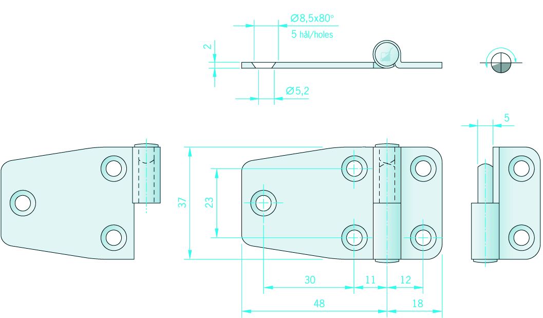 Roca Scharnier rostfreier Stahl B=18+48mm L=37mm links Roca Scharnier rostfreier Stahl B=18+48mm L=37mm links