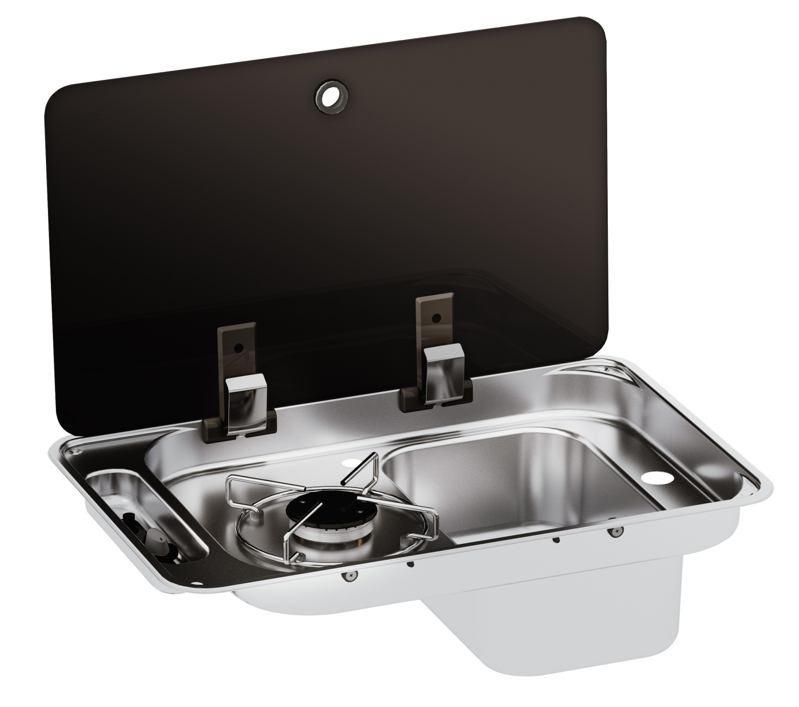 CAN Einbau-Gaskocher FL1324 mit 1 Kochfeld, Spüle links und Glasdeckel CAN Einbau-Gaskocher FL1324 mit 1 Kochfeld, Spüle links und Glasdeckel