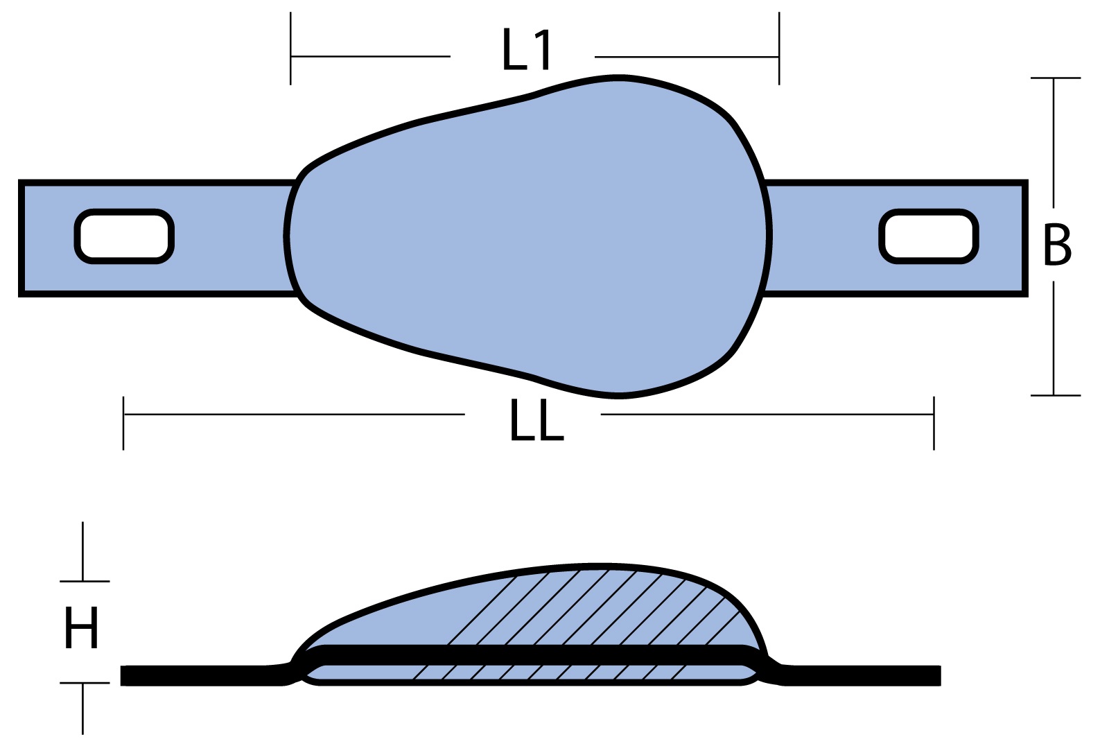 Rumpfanode zum Anschr., tropfenförmig Zn 135x87x35mm + Laschen Rumpfanode zum Anschr., tropfenförmig Zn 135x87x35mm + Laschen