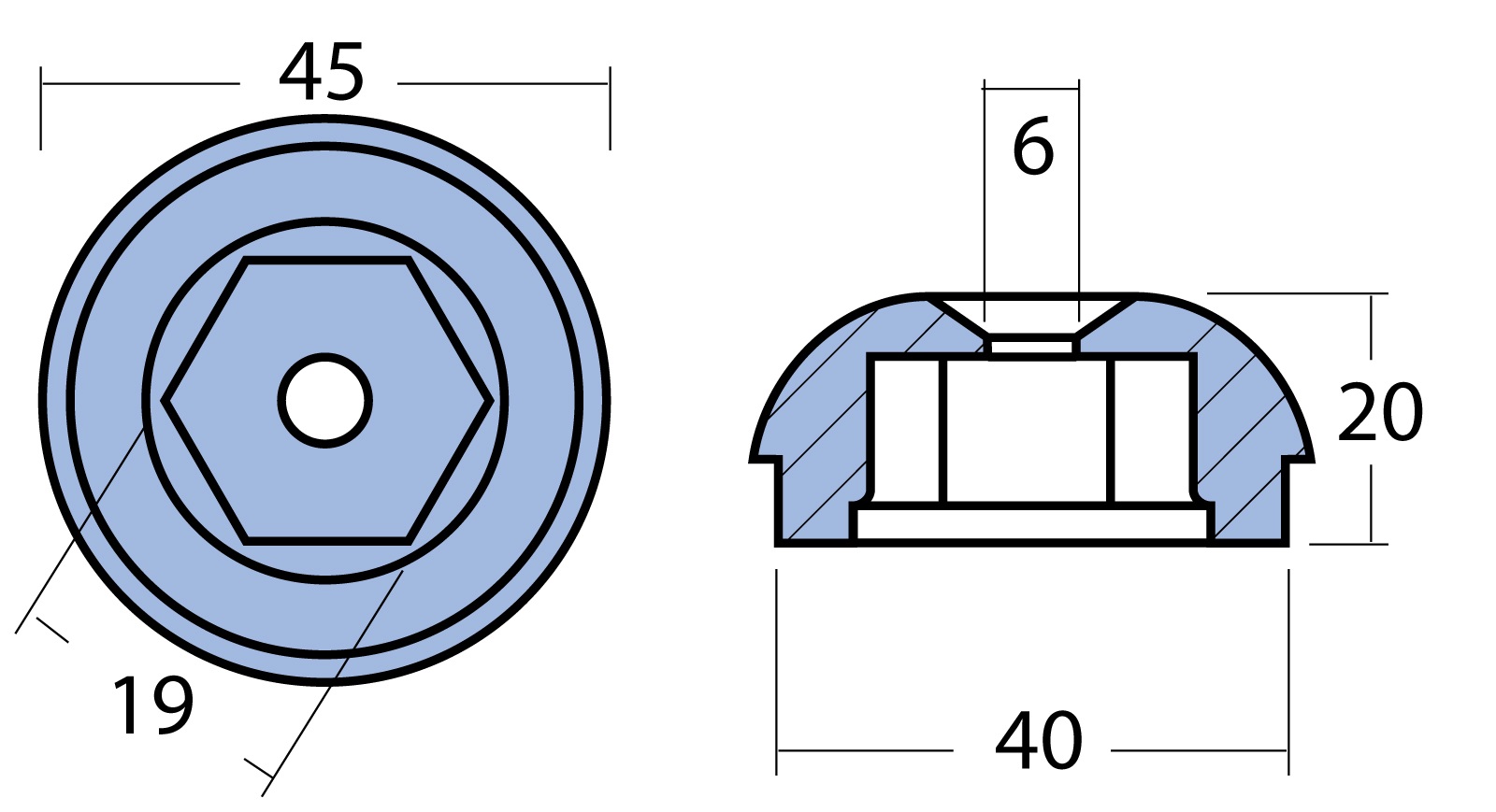 Propelleranode, Mutter Alu 45mm, Bohrung 6mm für Sleipner Seitenstrahlruder Propelleranode, Mutter Alu 45mm, Bohrung 6mm für Sleipner Seitenstrahlruder