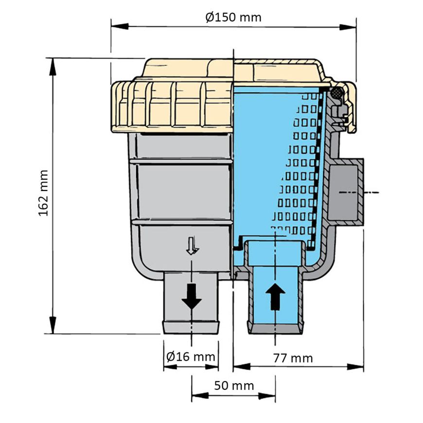 Vetus Geruchsfilter für Schmutzwasser 16mm groß NSF16 – VETUS Geruchsfilter groß mit Anschlüssen für Ø 16 mm (148 × 150 × 162 mm)