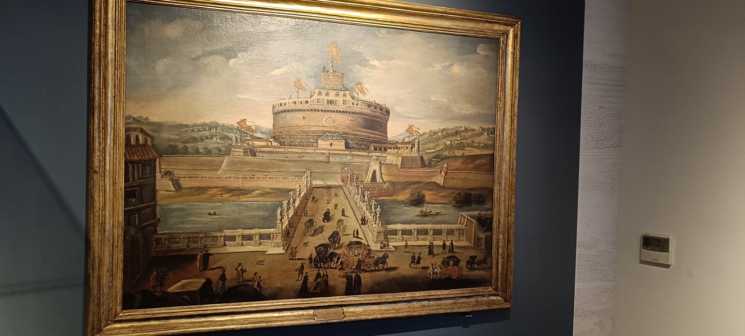 Rom mit dem Wohnmobil – zwei Tage Ewigkeit zwischen Engelsburg und Petersplatz Historisches Gemälde der Engelsburg und ihrer Brücke in der Museumssammlung